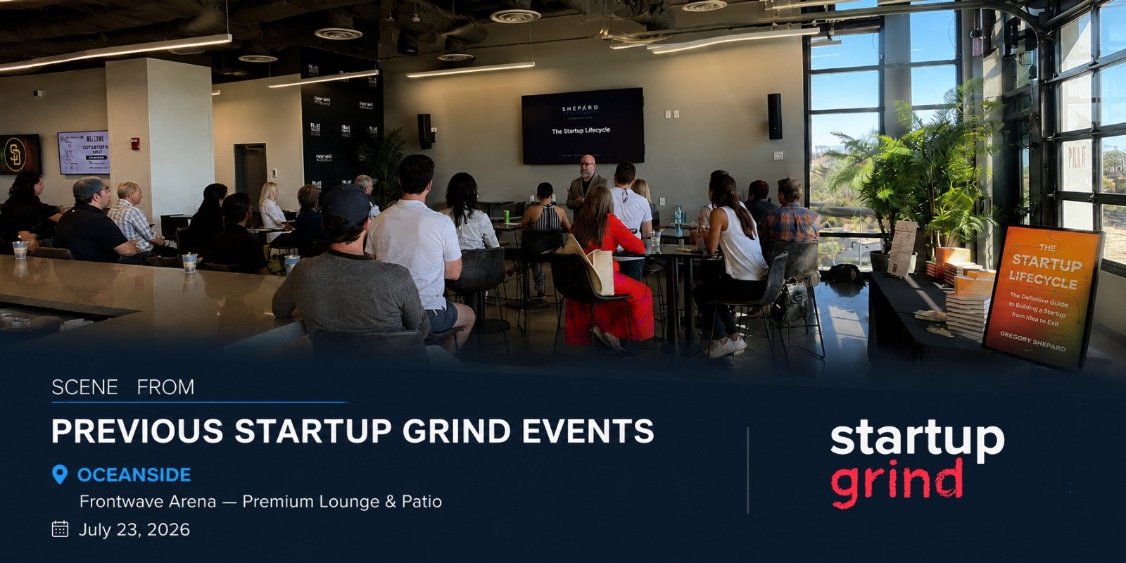 Gregory Shepard speaking with a Startup Grind audience, from the original Oceanside event asset